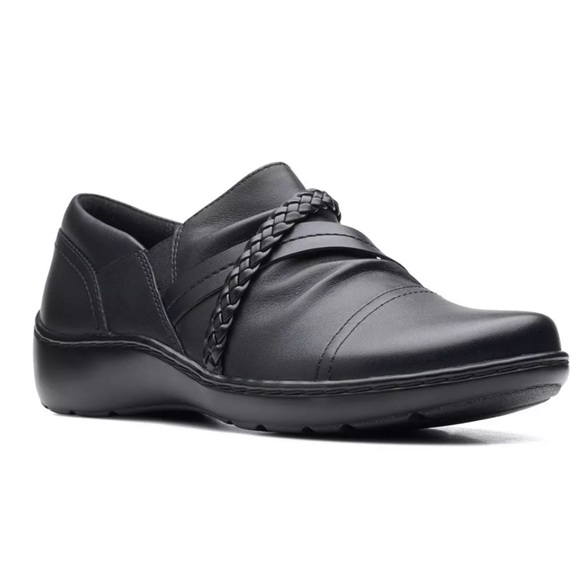 Clarks Cora Black Leather Braid Strap Slip On Loafers Women’s 10M - Picture 1 of 12